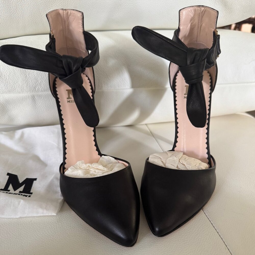 Brand New in Box M Missoni Black Leather Ankle Tie Heels- 37
